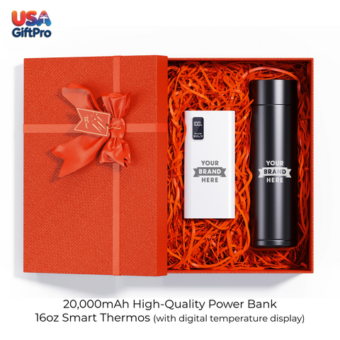 Corporate Customizable Gift Box – Includes 20,000mAh Power Bank & 16oz Smart Thermos GB-2