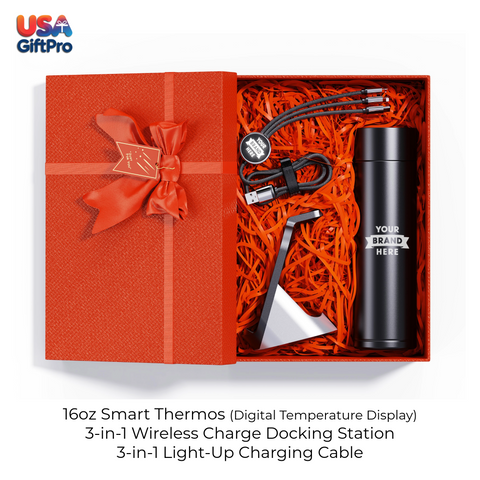 Corporate Customizable Gift Box – Includes 16oz Smart Thermos, 3-in-1 Wireless Charge Docking Station & 3-in-1 Charging Cable GB-3