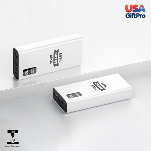 Customizable White 20,000mAh Portable Charger – LCD Display, Dual USB-A & USB-C Output, 22.5W PD Fast Charging