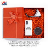 Corporate Customizable Gift Box – Includes 20,000mAh Power Bank, 3-in-1 Wireless Charge Docking Station & Titanium Metal Wireless Speaker GB-14