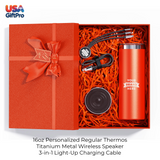 Corporate Customizable Gift Box – Includes 16oz Regular Thermos, Titanium Metal Wireless Speaker & 3-in-1 Charging Cable GB-4