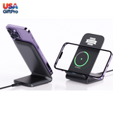 Wireless charging stands with smartphone on a white background, featuring USA GiftPro branding.