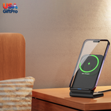 Wireless phone charger on a wooden surface with 'USA GiftPro' branding.