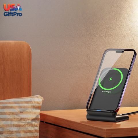 Wireless phone charger on a wooden surface with 'USA GiftPro' branding.