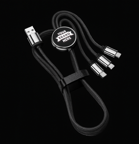 3-in-1 Light-Up Charging Cable – Customizable Fabric Material, USB-C, iOS & Micro Outputs
